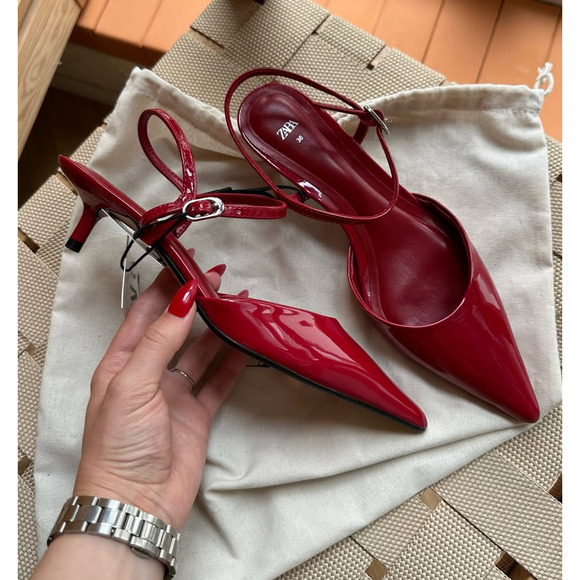 ZARA Red Patent Slingback Heels NWT – Pointed Toe Kitten Heels, Size 7.5 & 8 - Picture 9 of 16
